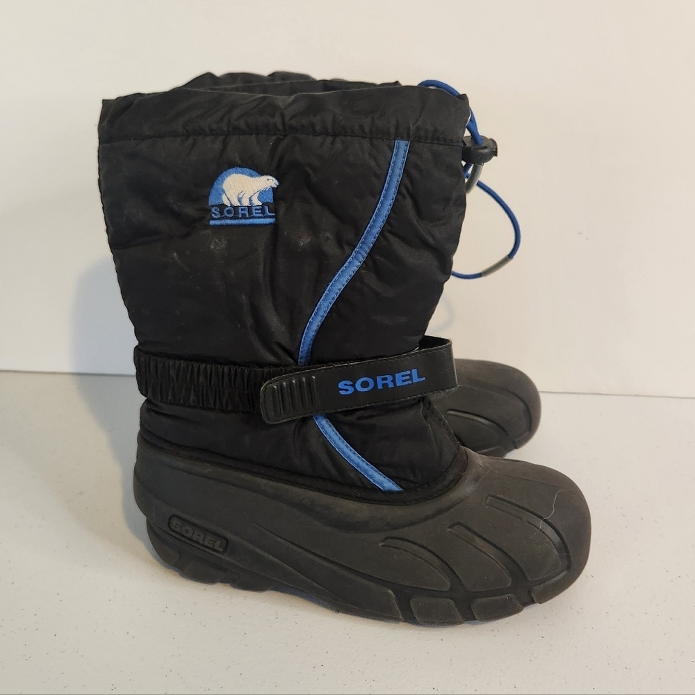 Sorel Unisex Kids Flurry TP Winter Boots Black Blue Bungee Cord Boys Size 5